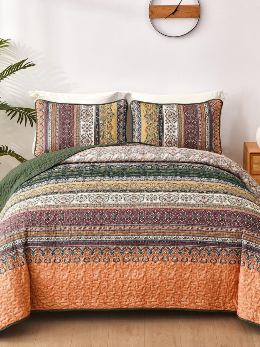 Boho King Quilt Bedding Set, 3 Pieces Bedspread, Orange Green
